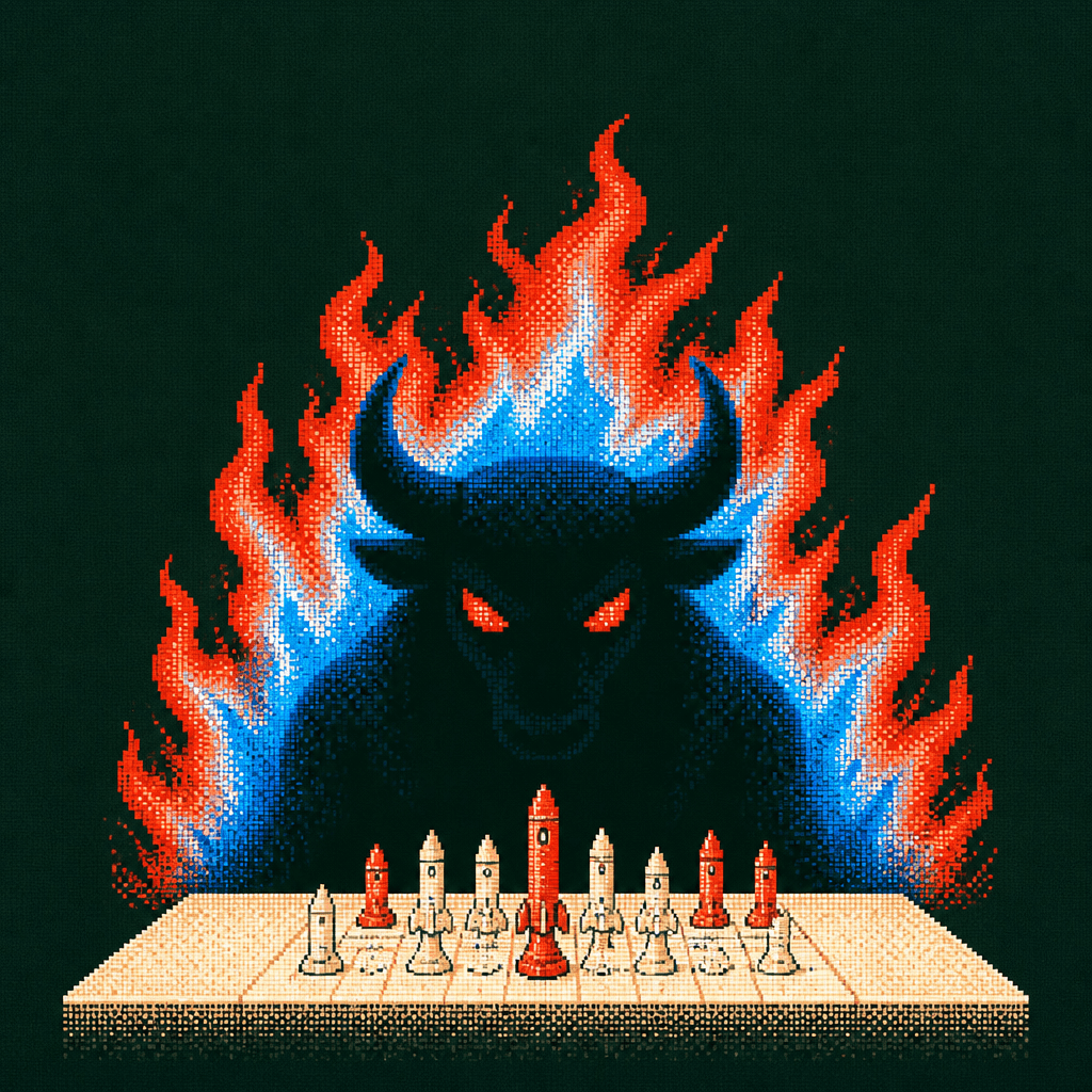 Pixel-art bull wreathed in flames looming over a launch pad of rocket pieces